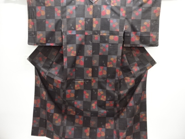 JAPANESE KIMONO / UNUSED TSUMUGI / WOVEN ICHIMATSU PATTERN & SAKURA 